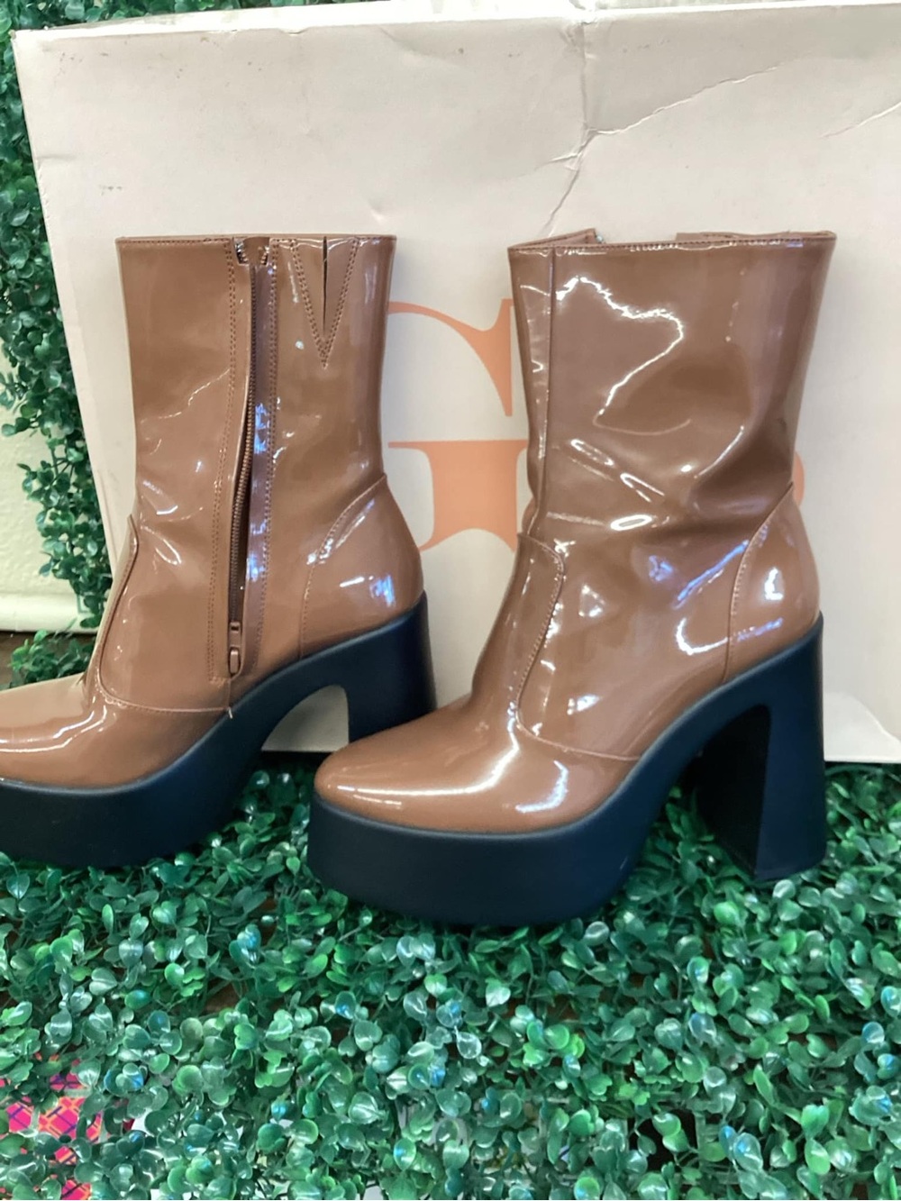 Gianni Bini Tan Patent Platform Mid-Calf Boots